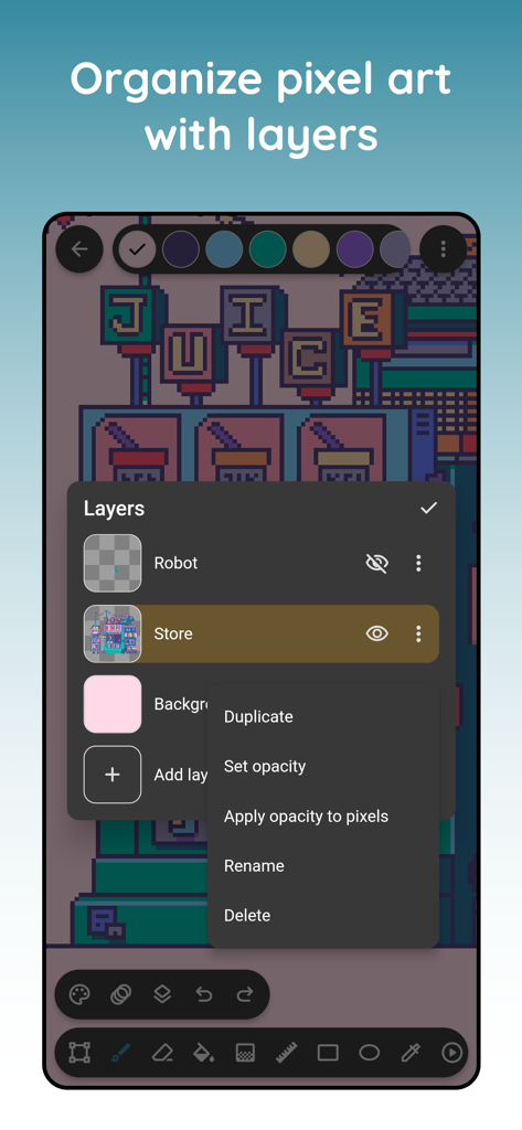 Pixel art maker - Inktica - Mobile app interface showing pixel art layer management and editing options in Inktica