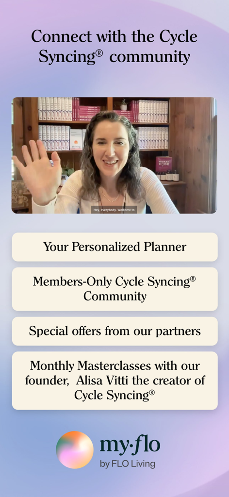 MyFlo® Period Tracker Calendar - MyFlo app interface showing community features and masterclasses with Alisa Vitti