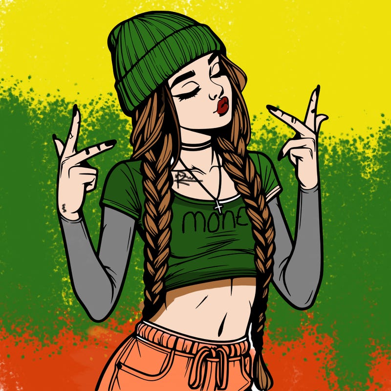 realistic teenage girl with braids and a beanie and crop top doing 🫶🏼