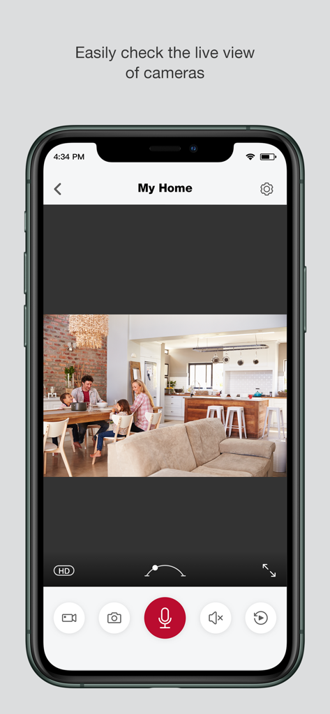 A mobile interface for iSmartAlarm showing a live HD camera feed of a family in their home kitchen.