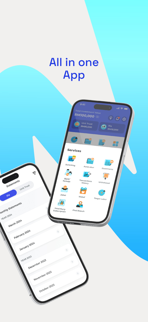 Interface de l'application mobile myASNB montrant le tableau de bord du portefeuille d'investissement et les relevés mensuels