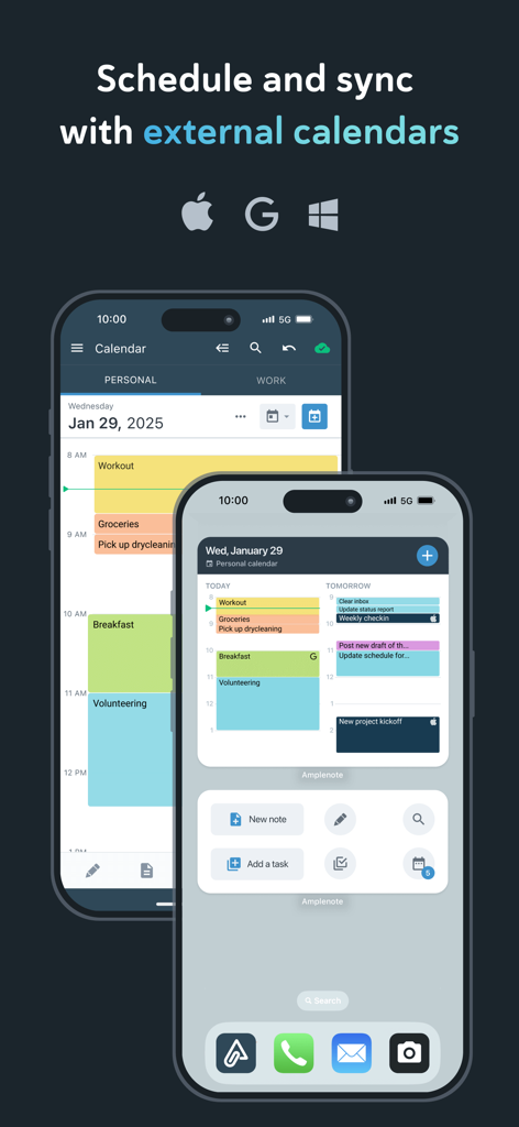 Amplenote - Two iPhones showing the Amplenote calendar interface and its ability to sync with Apple Google and Outlook calendars