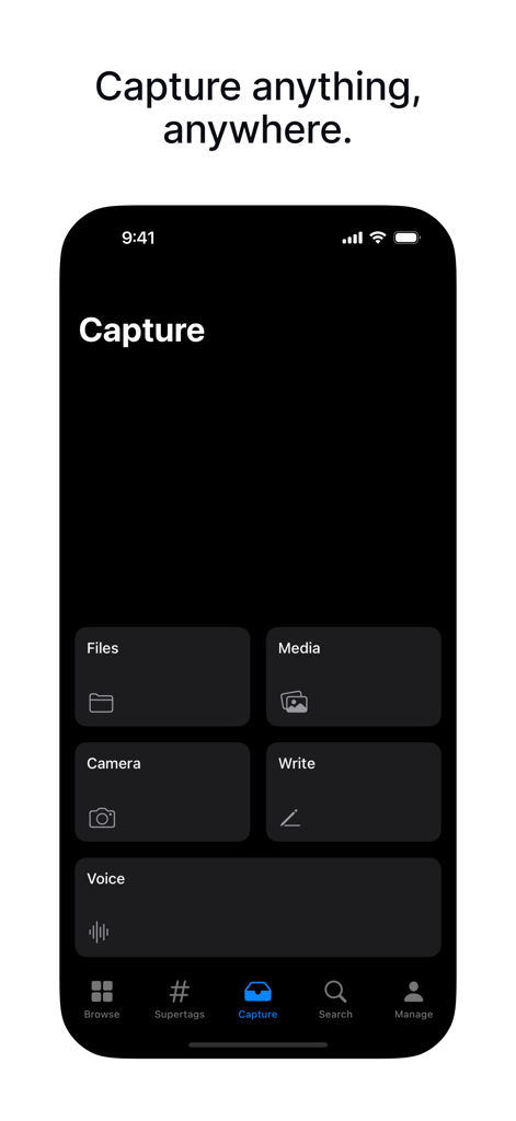Tana mobile app capture screen showing options for files, media, camera, writing, and voice memos.