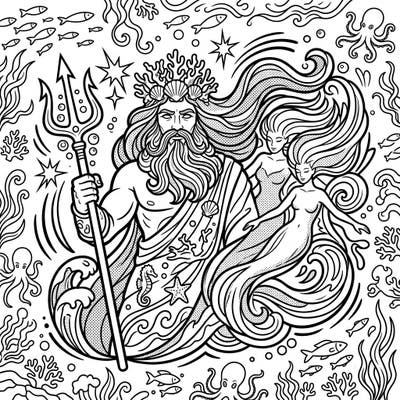 Embark on an epic coloring journey with this captivating Pop Art rendition of Sea Gods and Spirits. Featuring powerful deities and graceful mermaids, this page promises an ocean of creative possibilities for all ages.