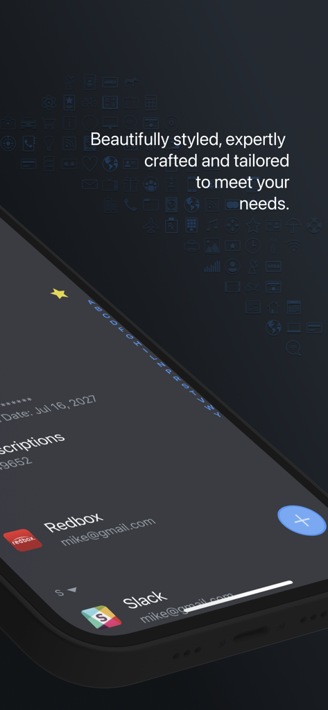 Smartphone screen displaying the mSecure password manager app interface with a list of accounts in dark mode