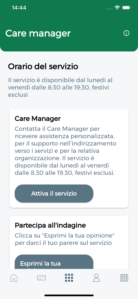 SiSalute Up per CASSABNL - Care Manager service page in the SiSalute Up app showing service hours and activation button