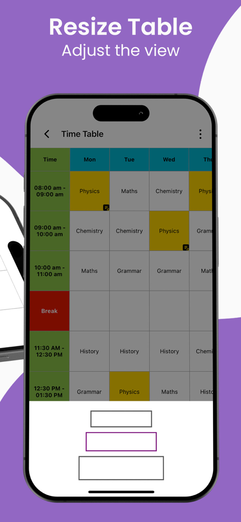 Uma interface de aplicativo móvel mostrando um horário de aulas semanal codificado por cores com opções para redimensionar a visualização da tabela.
