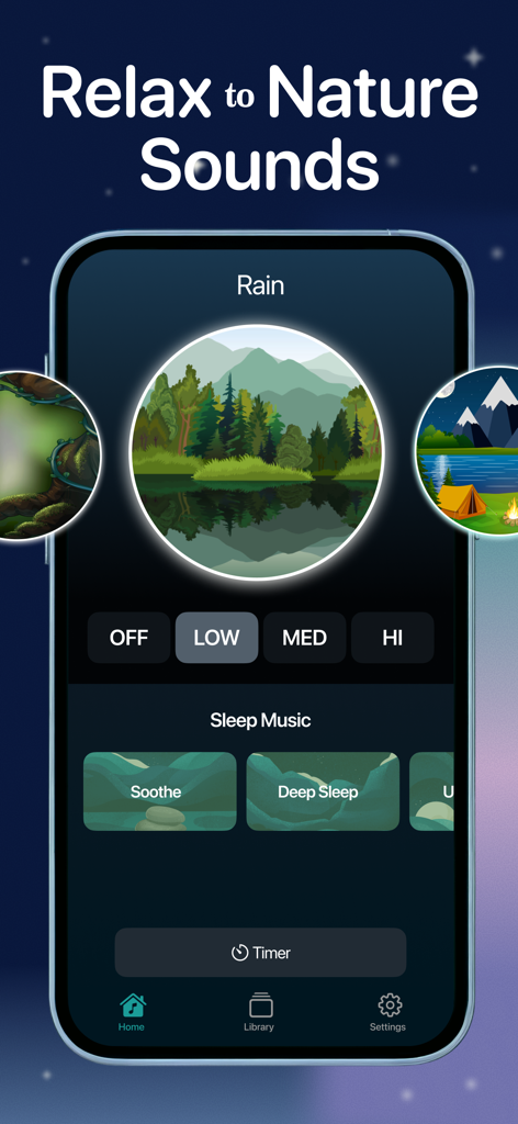 Bedtime Fan app screen showing nature sound options and sleep music controls