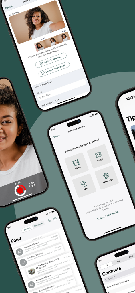 Partner.Co Share - Plusieurs écrans de smartphone montrant l'interface de l'application Partner.Co Share pour le téléchargement de médias, le suivi de l'activité des contacts et la gestion des prospects.