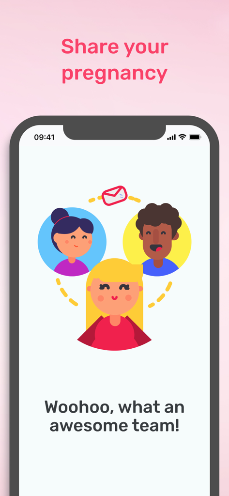 Preggers | Pregnancy tracker - A screenshot of the Preggers app showing the share your pregnancy feature with illustrations of family and friends.