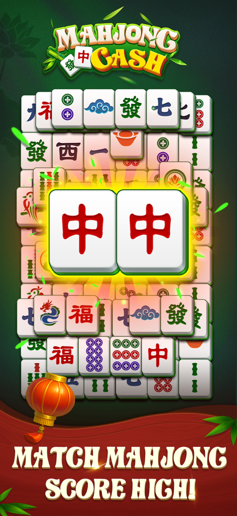 Mahjong Cash gameplay showing a matching pair of tiles with a traditional oriental theme and the text Match Mahjong Score High