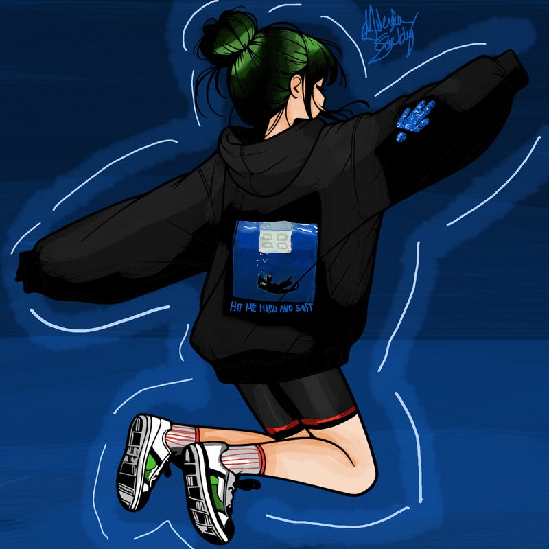 realistic girl jumping with a bun and oversized sweatshirt
