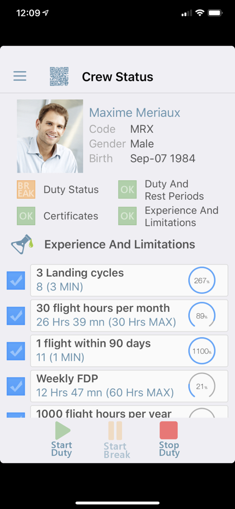 Blue Eye - Crew status interface of the Blue Eye aviation app displaying pilot credentials, flight hours limitations, and duty status controls.