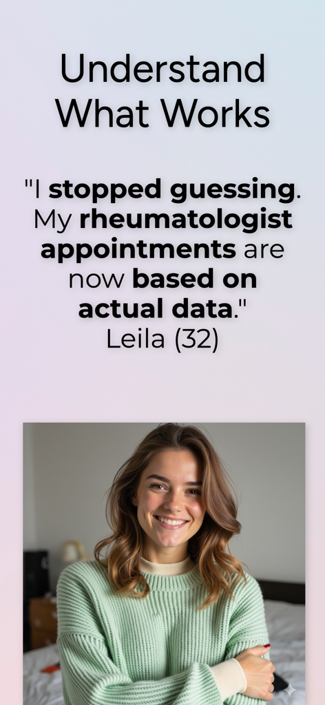 Lupus Journey - A young woman smiling with a testimonial about using the Lupus Journey app to provide data for her rheumatologist