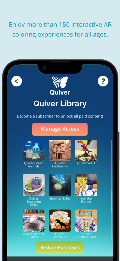 Pantalla de la biblioteca de la aplicación Quiver 3D Coloring que muestra varios paquetes de coloreado de realidad aumentada para niños