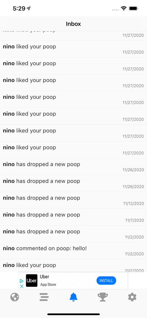 Poop Map - Pin and Track - Pantalla de bandeja de entrada de la aplicación Poop Map que muestra una lista de notificaciones sociales de amigos sobre la actividad de caca