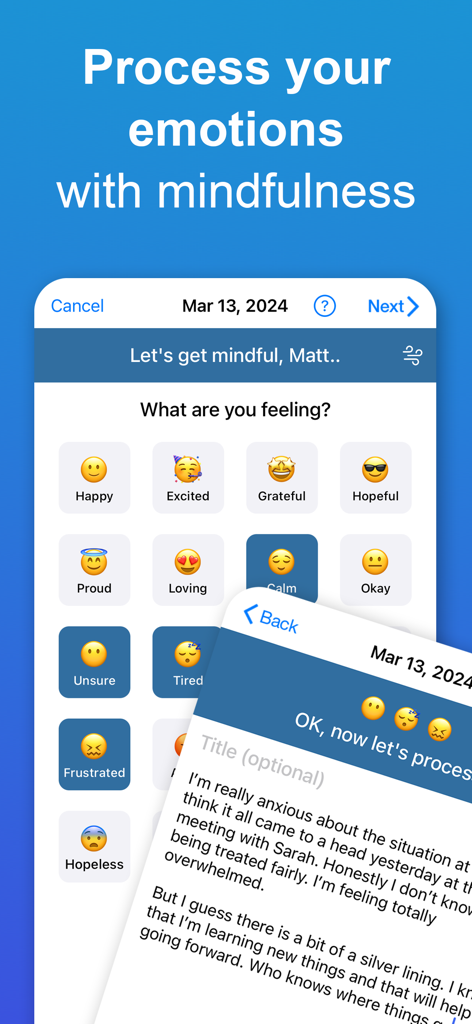 Being Me app interface showing a mood selection screen with emojis and a mindfulness journaling entry for emotional processing.