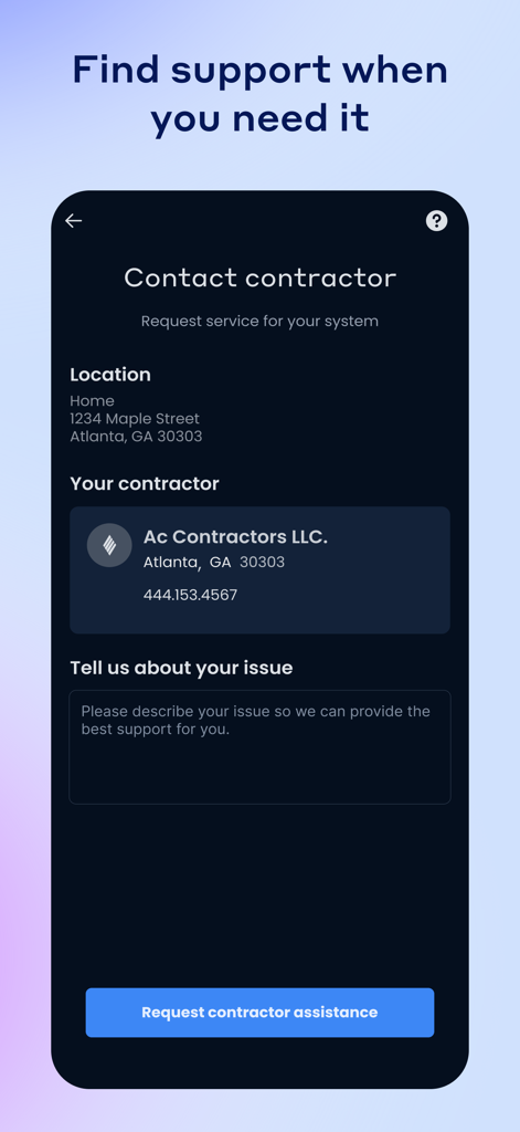 Comfort by Mitsubishi Electric app screen for contacting an HVAC contractor to request service