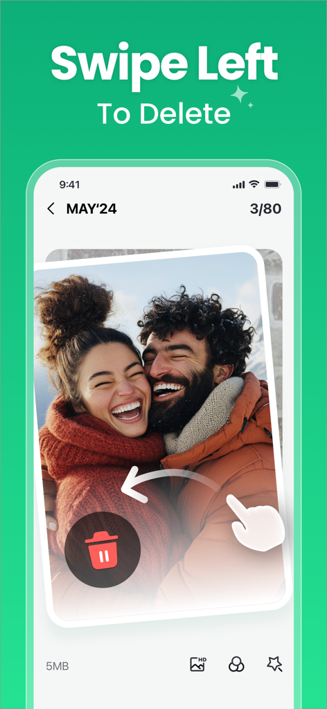 AI Phone Cleaner・Photo Swipe - Interface de aplicativo de smartphone mostrando o recurso de deslizar para a esquerda para excluir para organizar fotos por mês