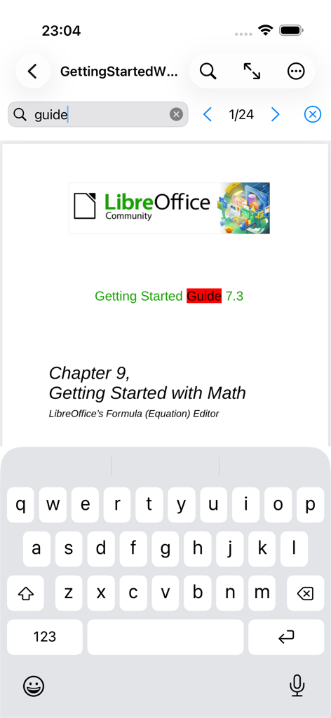OOReader - OOReader interface showing a document search for the word guide within a LibreOffice manual