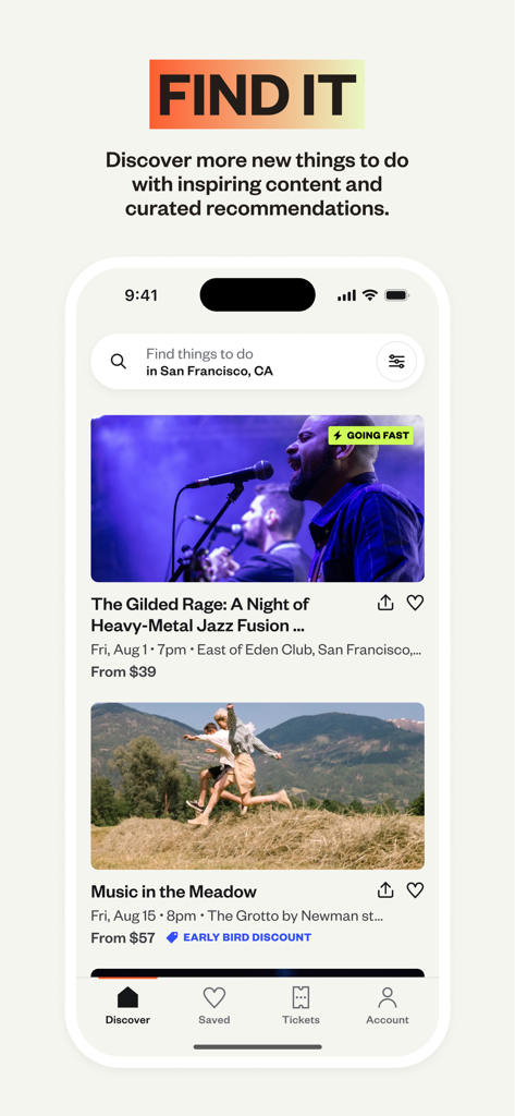 Eventbrite - Eventbrite app Discover tab showing curated event recommendations and local activities in San Francisco