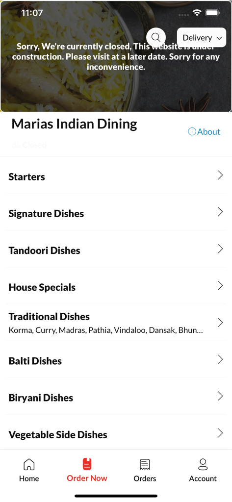 Marias Indian Dining mobile app menu interface displaying food categories like Starters, Signature Dishes, and Biryani