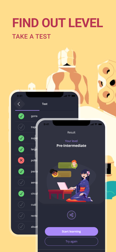 Spanish Words A1-B1 | 2Shine - Interface de teste de nivelamento de idioma espanhol mostrando um resultado de nível pré-intermediário.