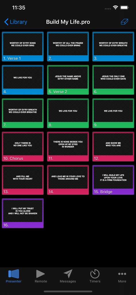 ProPresenter Remote Classic - A grid view of color-coded worship lyric slides for a song in the ProPresenter Remote Classic app interface