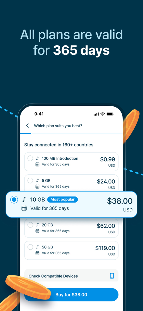 StaffTraveler eSIM - StaffTraveler eSIM app screen showing various data plans for 160 plus countries all valid for 365 days