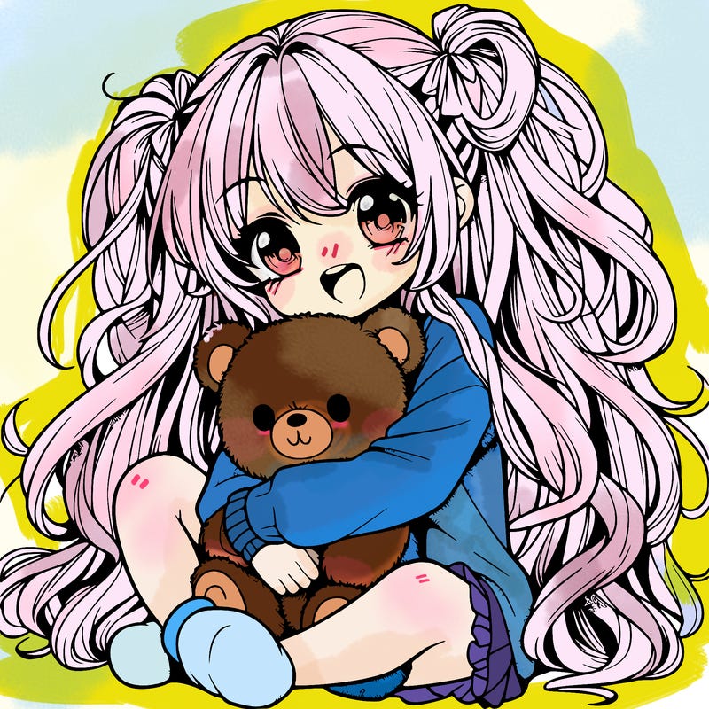manga girl, long curly hair, happy, cuddling a teddy bear
