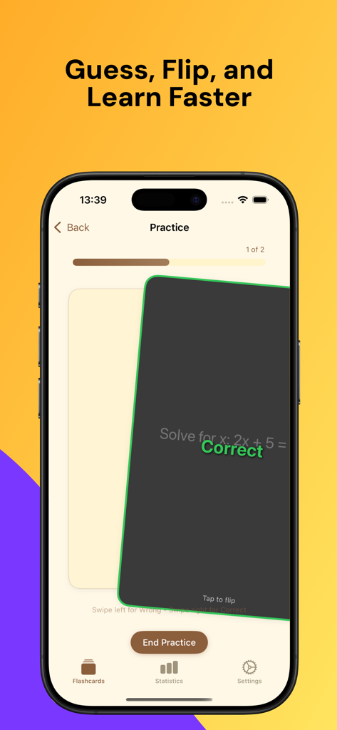 MemoCards: AI flashcards - Interactive flashcard practice interface in the MemoCards app showing a math equation card