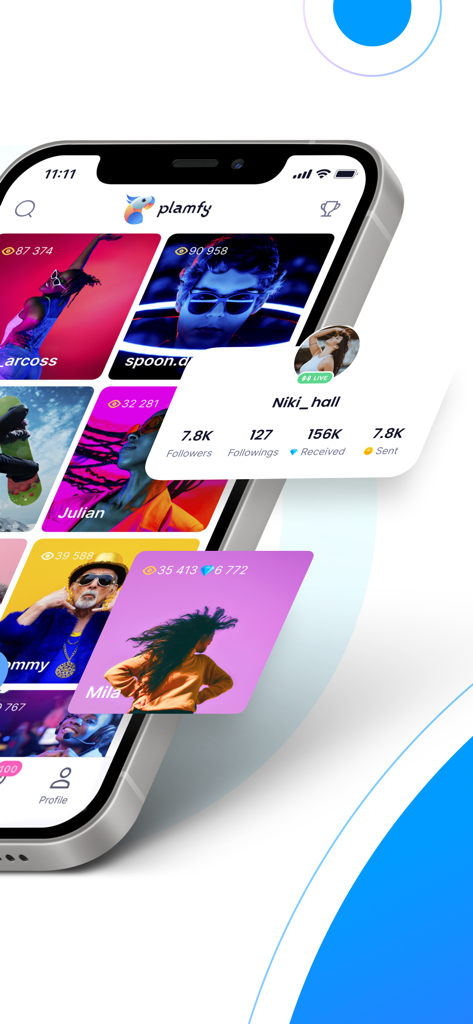 Plamfy: Watch Streams&Go Live - Interface of Plamfy live streaming app showing creator profiles and active broadcasts on a smartphone