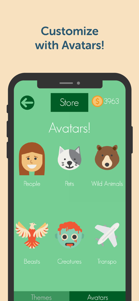 Spell Me word game avatar selection screen with various character categories