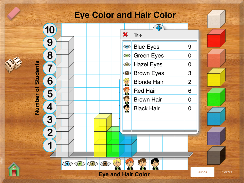 Hands-On Math Graph Cubes - La pantalla de una aplicación educativa para iPad mostrando la creación de una gráfica de barras con cubos de colores y una tabla de datos correspondiente.