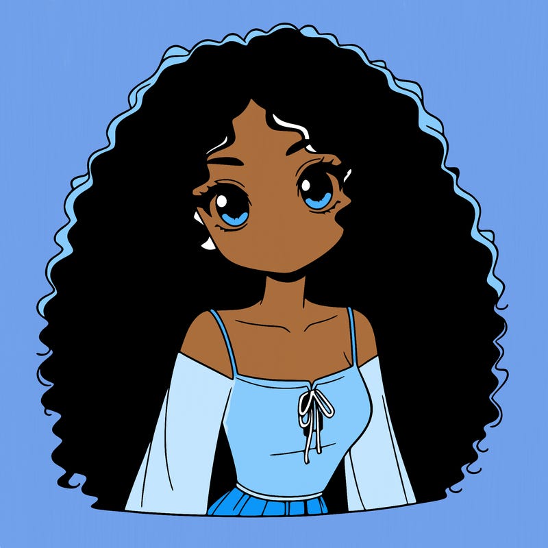 a black anime girl with long afro hair