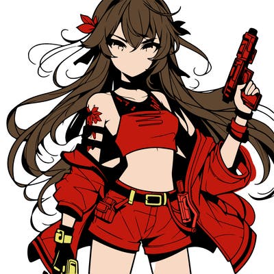 bad girl wearing crop top holding a gun long hair anime