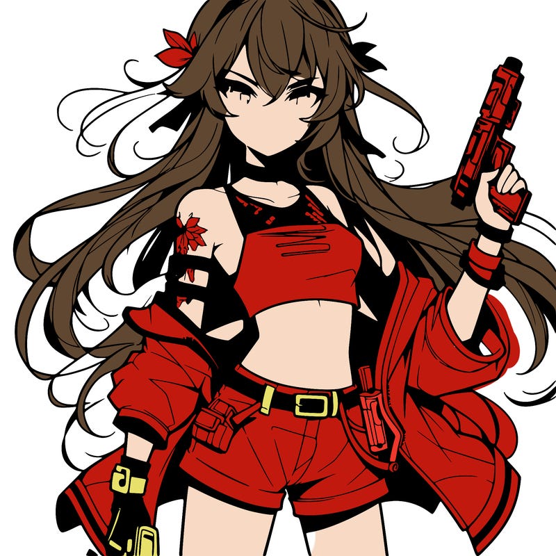 bad girl wearing crop top holding a gun long hair anime
