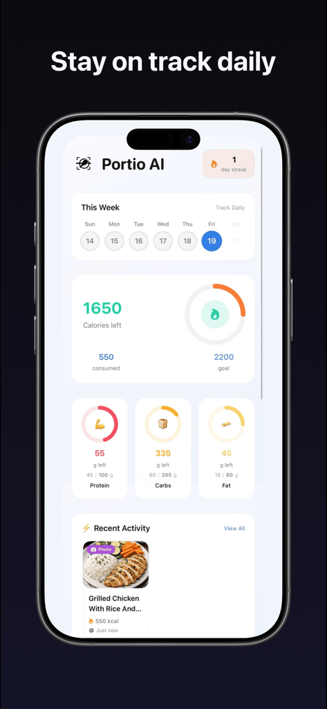 Portio AI - Interface of Portio AI app showing daily calorie and macro nutrient tracking