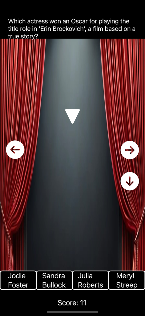 Movie Quiz Trio - Pregunta de trivia de películas sobre una actriz ganadora del Oscar en la aplicación Movie Quiz Trio