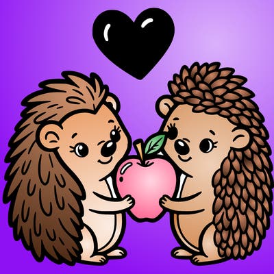 a hedgehog and a porcupine sharing a heart-shaped apple.