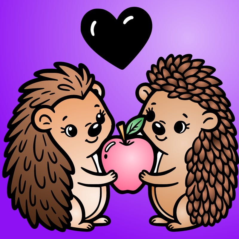 a hedgehog and a porcupine sharing a heart-shaped apple.