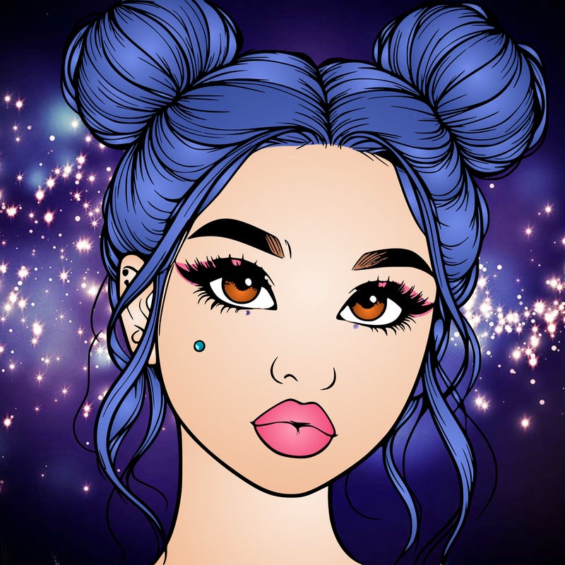 realistic girl with two buns on her hair and lips