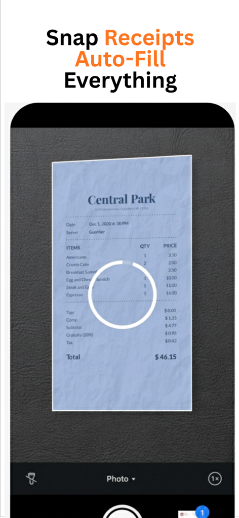 Invoice Manager - Smartphone app scanning a paper receipt for automatic data extraction and auto-filling details