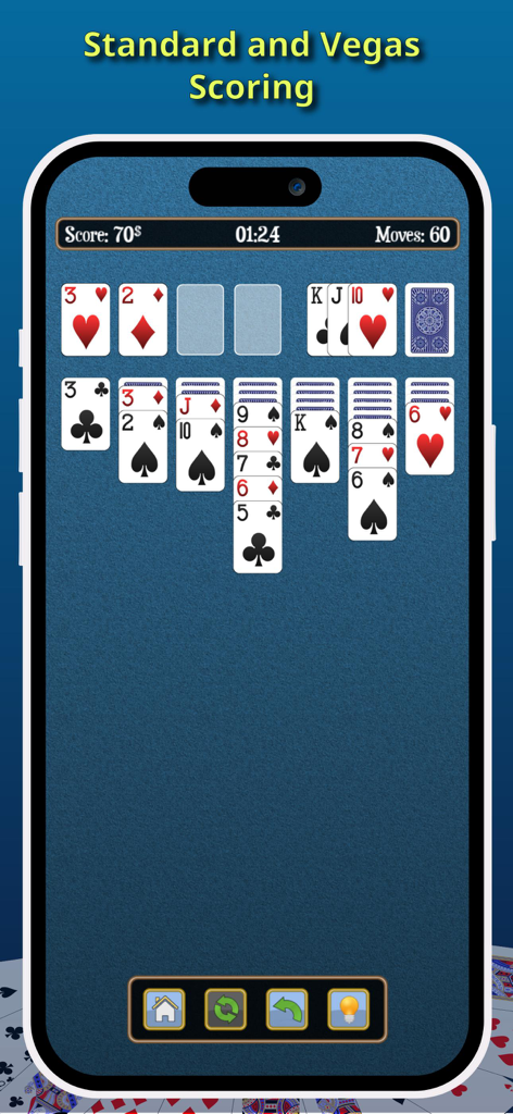Solitaire [Card Game] - スマートフォンの画面に、標準およびベガス スコアリング機能が表示されたソリティアカードゲームのインターフェース。
