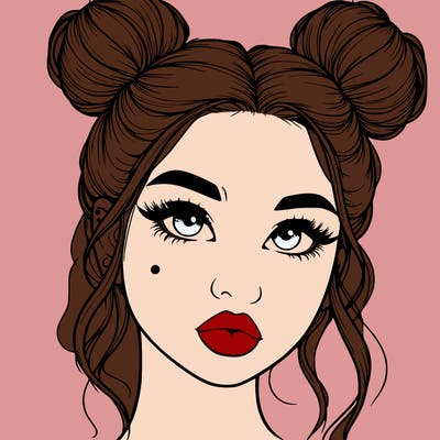 realistic girl with two buns on her hair and lips