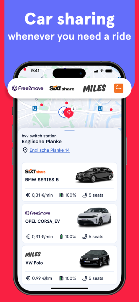 Mobile app screen showing car sharing options and prices in Hamburg