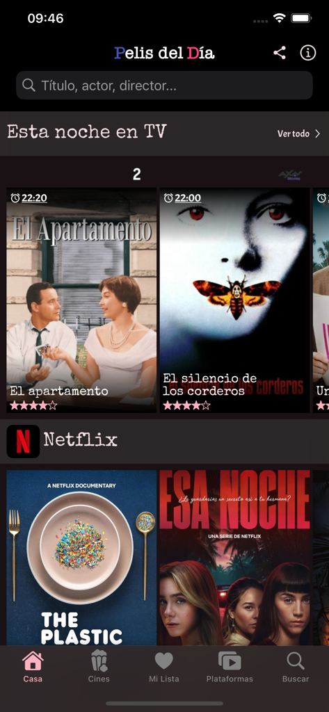 Pelis del Día - Pantalla de inicio de la aplicación Pelis del Dia mostrando recomendaciones de películas para TV y Netflix