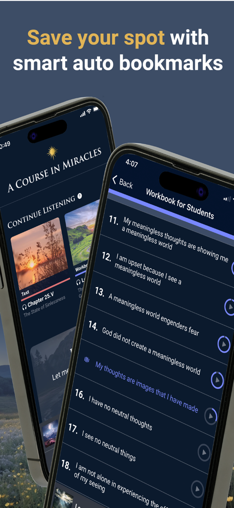 A Course in Miracles Audio - Interface of the A Course in Miracles Audio app displaying the smart auto bookmarks feature and a list of numbered spiritual lessons from the workbook for students.