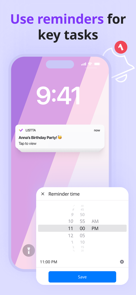 Listta: ToDo & Digital Planner - A mobile app screenshot showing a task reminder notification for a birthday party and a time selection menu.