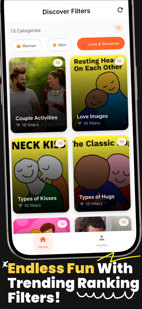 A mobile app screen showing the Discover Filters menu with categories like Love and Romance and Couple Activities for viral ranking challenges.